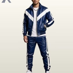 Full-body view of men's royal blue leather jogging suit with V-shaped chest paneling and white accent stripes.
