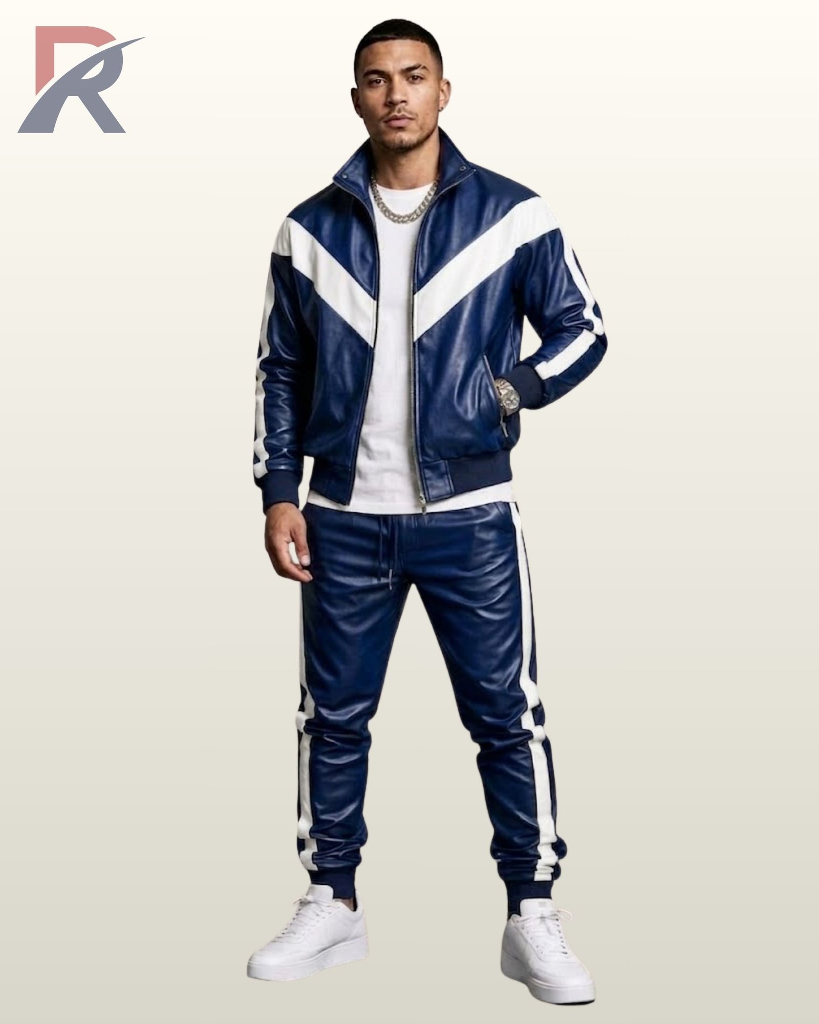 Full-body view of men's royal blue leather jogging suit with V-shaped chest paneling and white accent stripes.