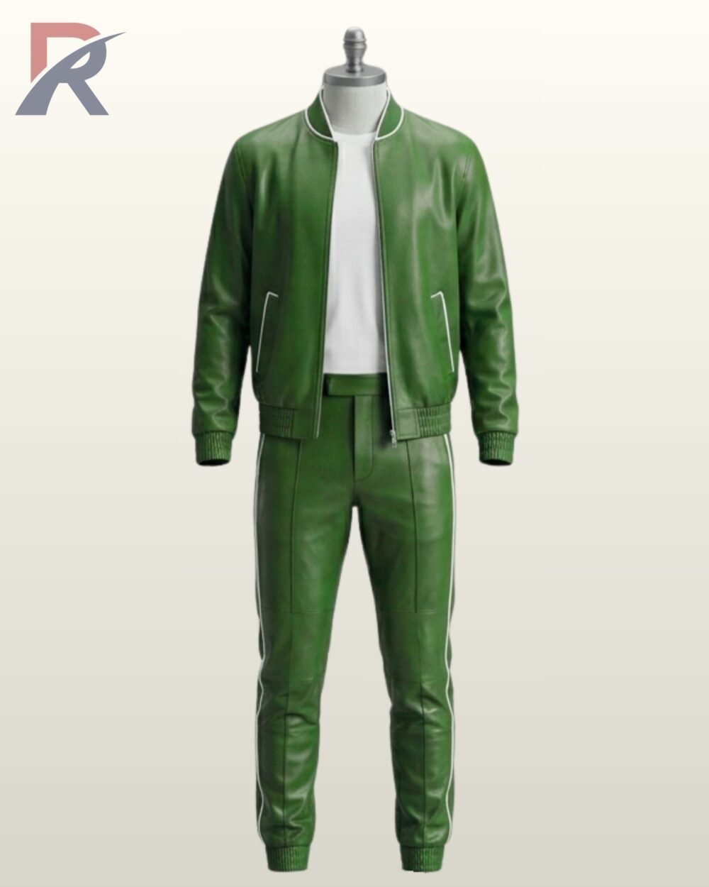 Full-body view of a green leather bomber jacket paired with matching leather athletic pants.