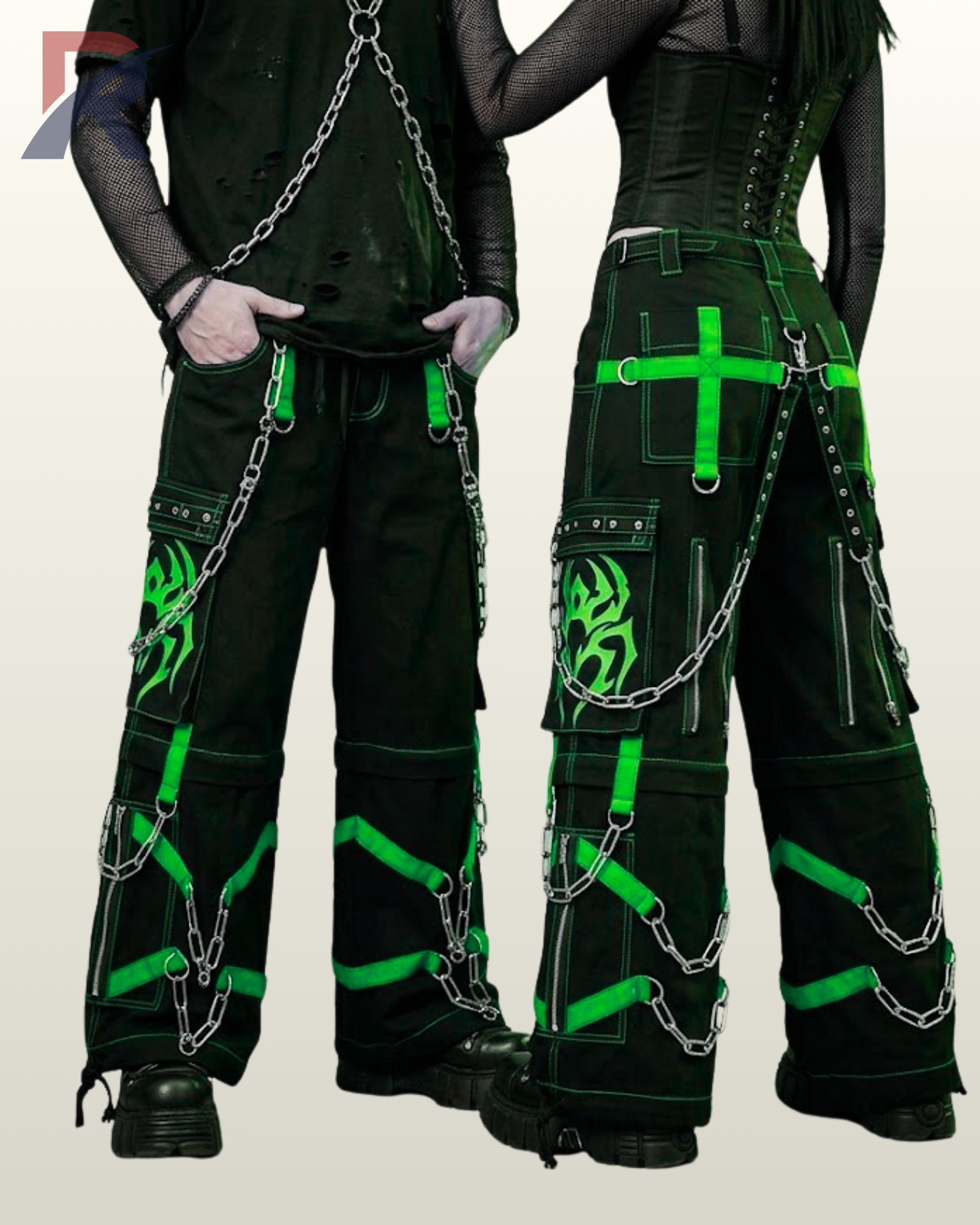 Front and back presentation of unisex cyber goth trousers featuring bright green back cross straps.