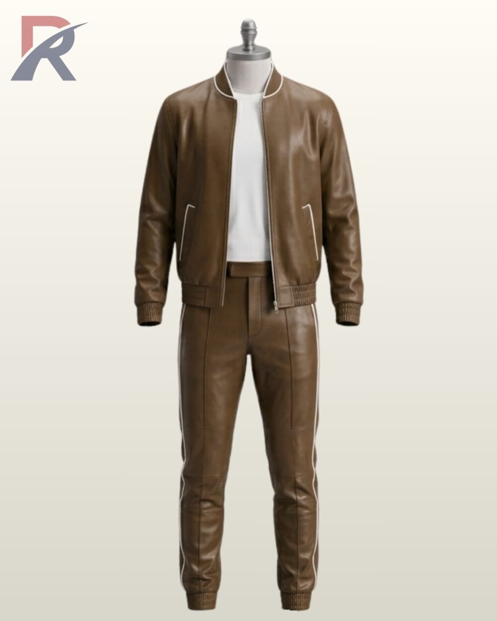 Men's brown leather 2-piece tracksuit featuring a zip-up bomber jacket and matching piped trousers on a mannequin.