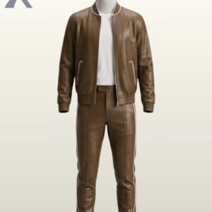 Men's brown leather 2-piece tracksuit featuring a zip-up bomber jacket and matching piped trousers on a mannequin.