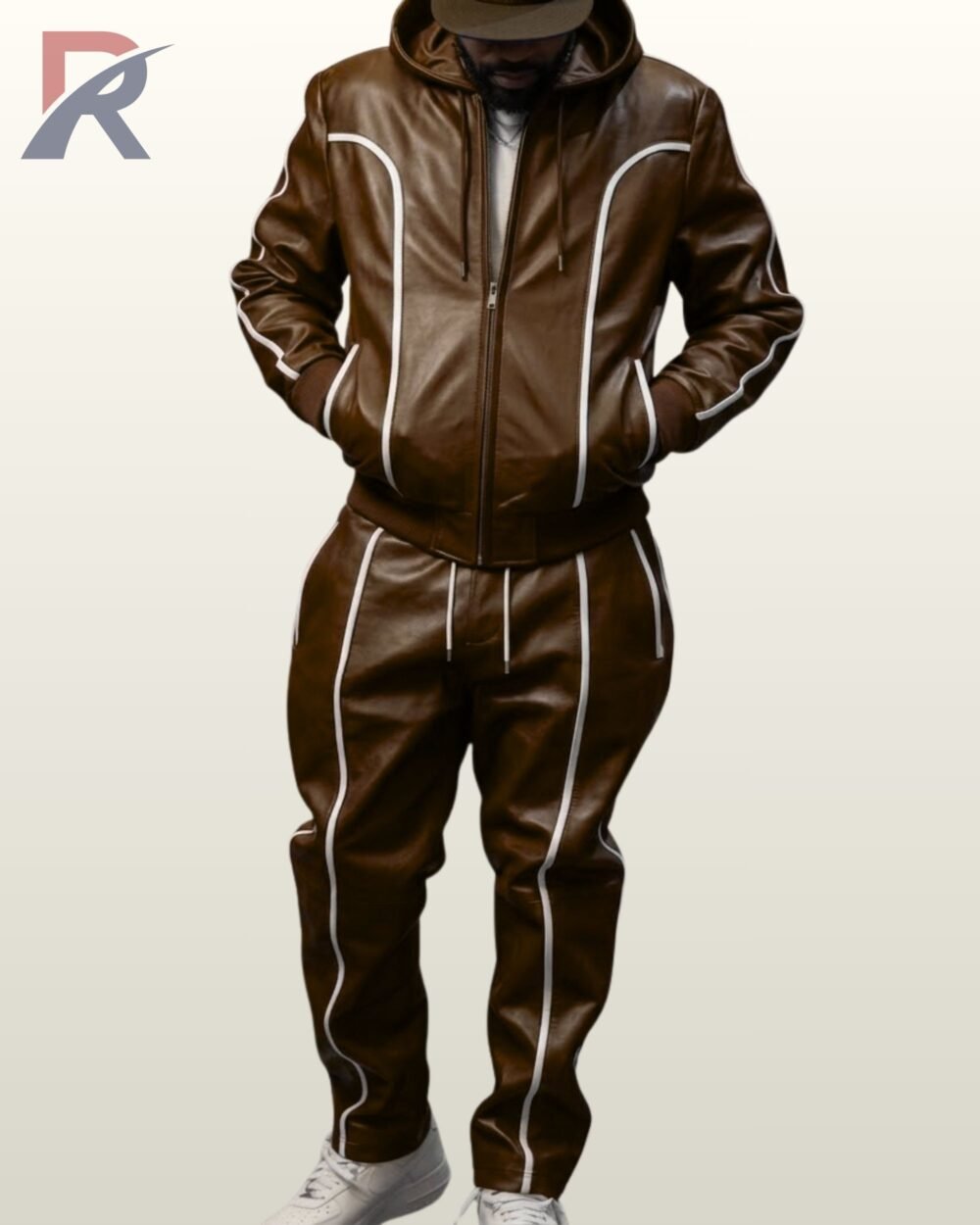Rich chocolate brown leather 2-piece tracksuit set featuring white piping on hooded jacket and trousers.