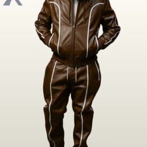Rich chocolate brown leather 2-piece tracksuit set featuring white piping on hooded jacket and trousers.
