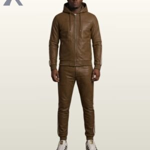A profile shot of a chocolate brown leather track hoodie and matching jogger pants.