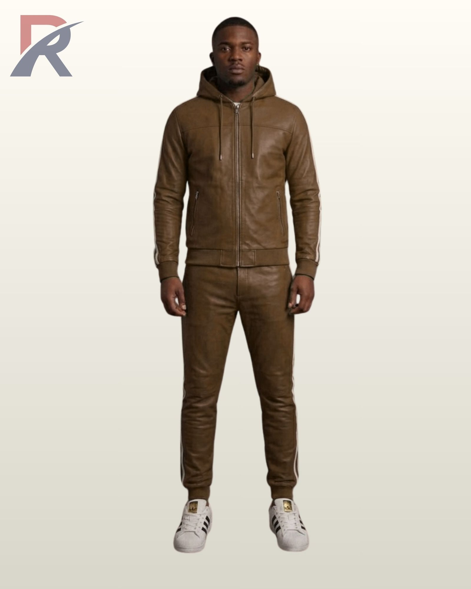 A profile shot of a chocolate brown leather track hoodie and matching jogger pants.