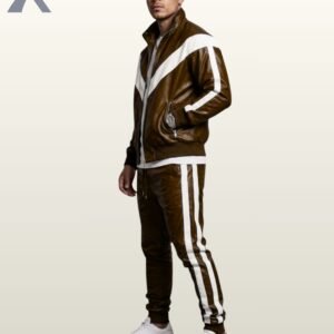 Rich chocolate brown leather 2-piece tracksuit set featuring white side paneling on jacket and pants.