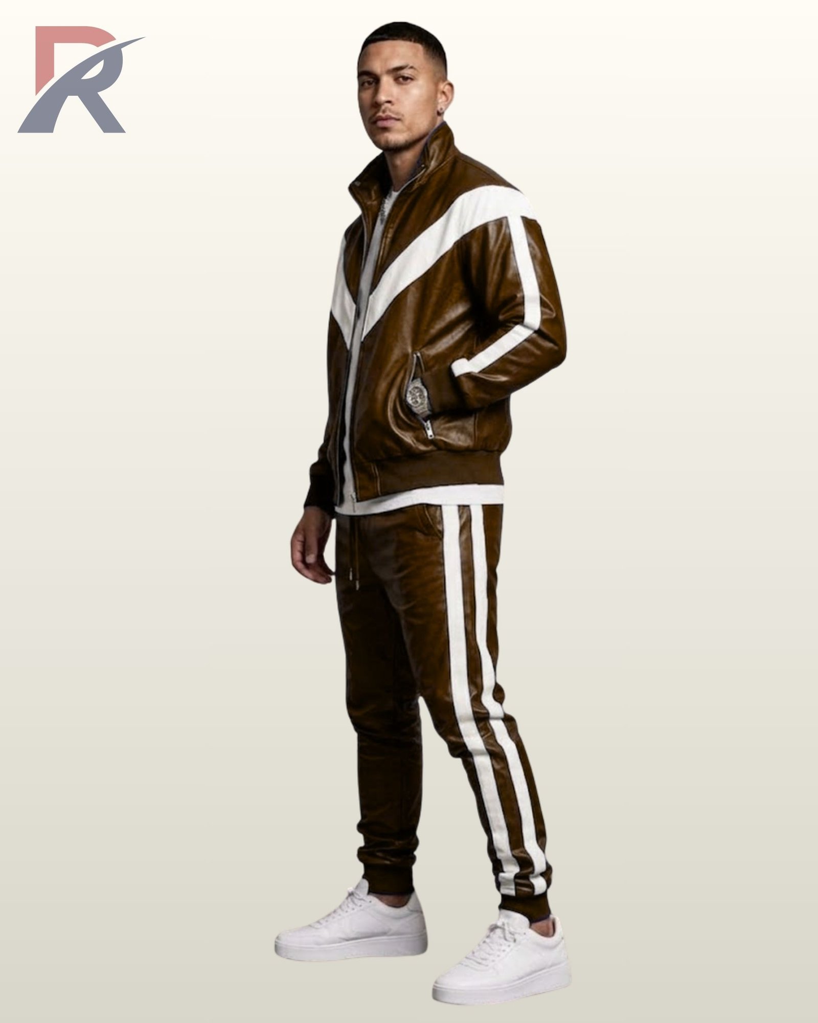 Rich chocolate brown leather 2-piece tracksuit set featuring white side paneling on jacket and pants.