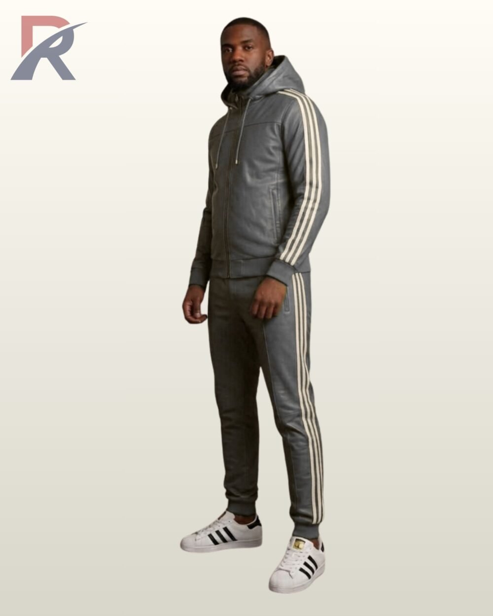 A luxury gray leather matching set featuring a zip hoodie and white side stripes.