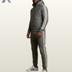 A luxury gray leather matching set featuring a zip hoodie and white side stripes.