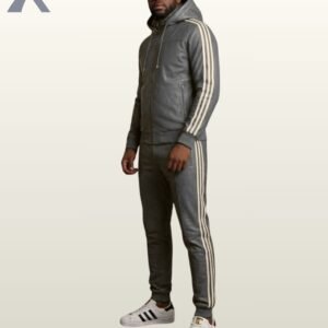 A luxury gray leather matching set featuring a zip hoodie and white side stripes.