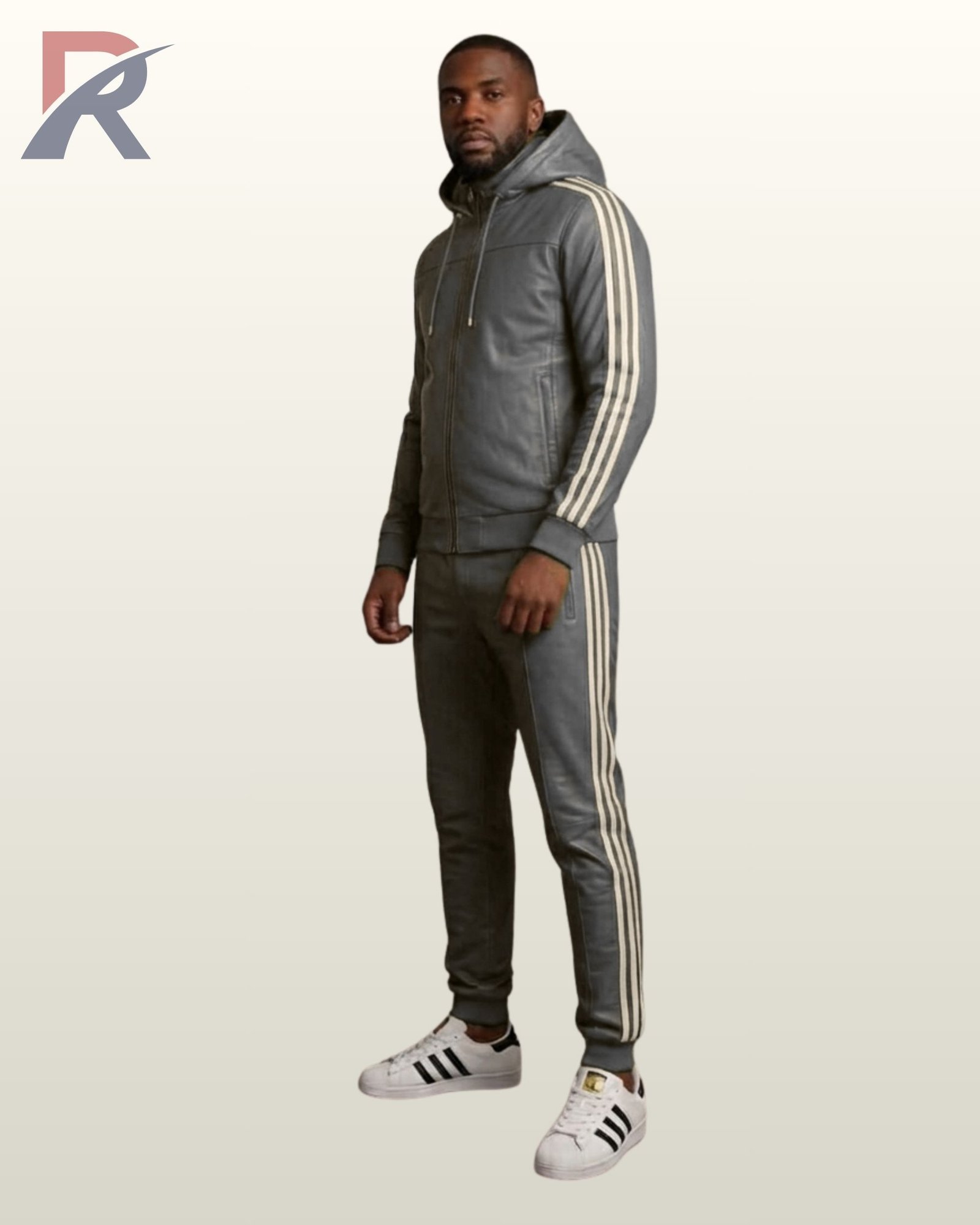 A luxury gray leather matching set featuring a zip hoodie and white side stripes.