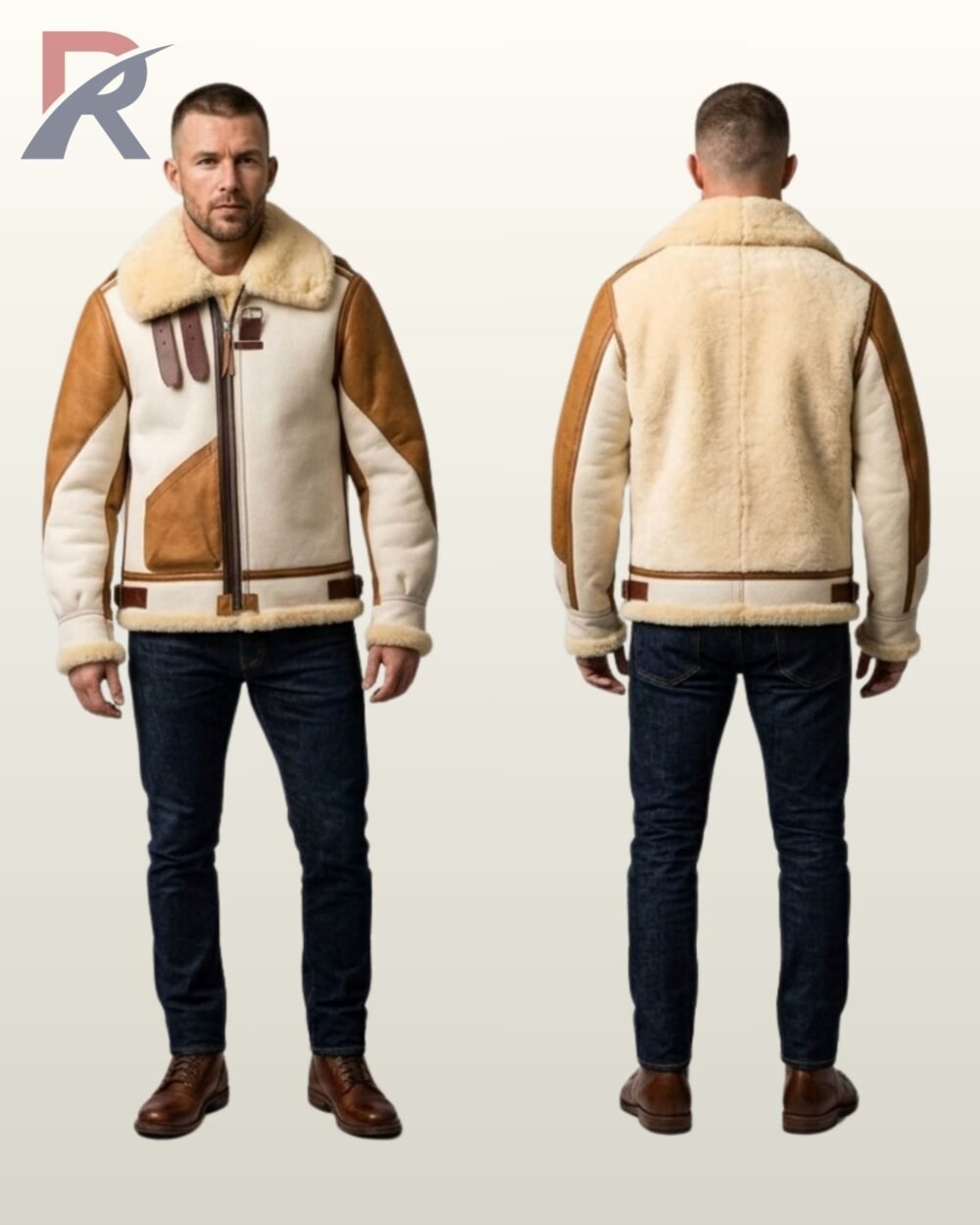 A model showcasing a premium two-tone sheepskin aviator jacket featuring an off-white suede body and tan brown leather panel accents.
