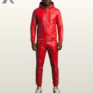 An urban red leather sports tracksuit set for men's fashion.