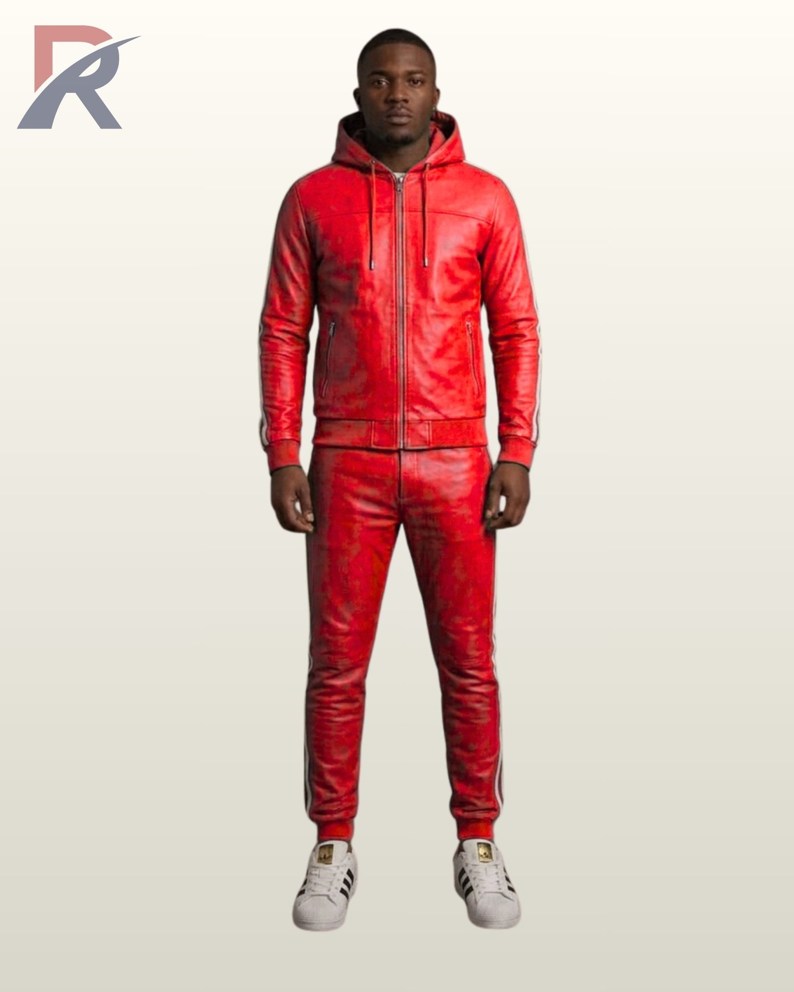 An urban red leather sports tracksuit set for men's fashion.