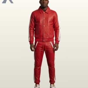 A model in a vibrant red leather button-front jacket and pants.