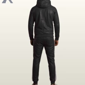 A full profile view of a black leather hoodie and sweatpants activewear set.