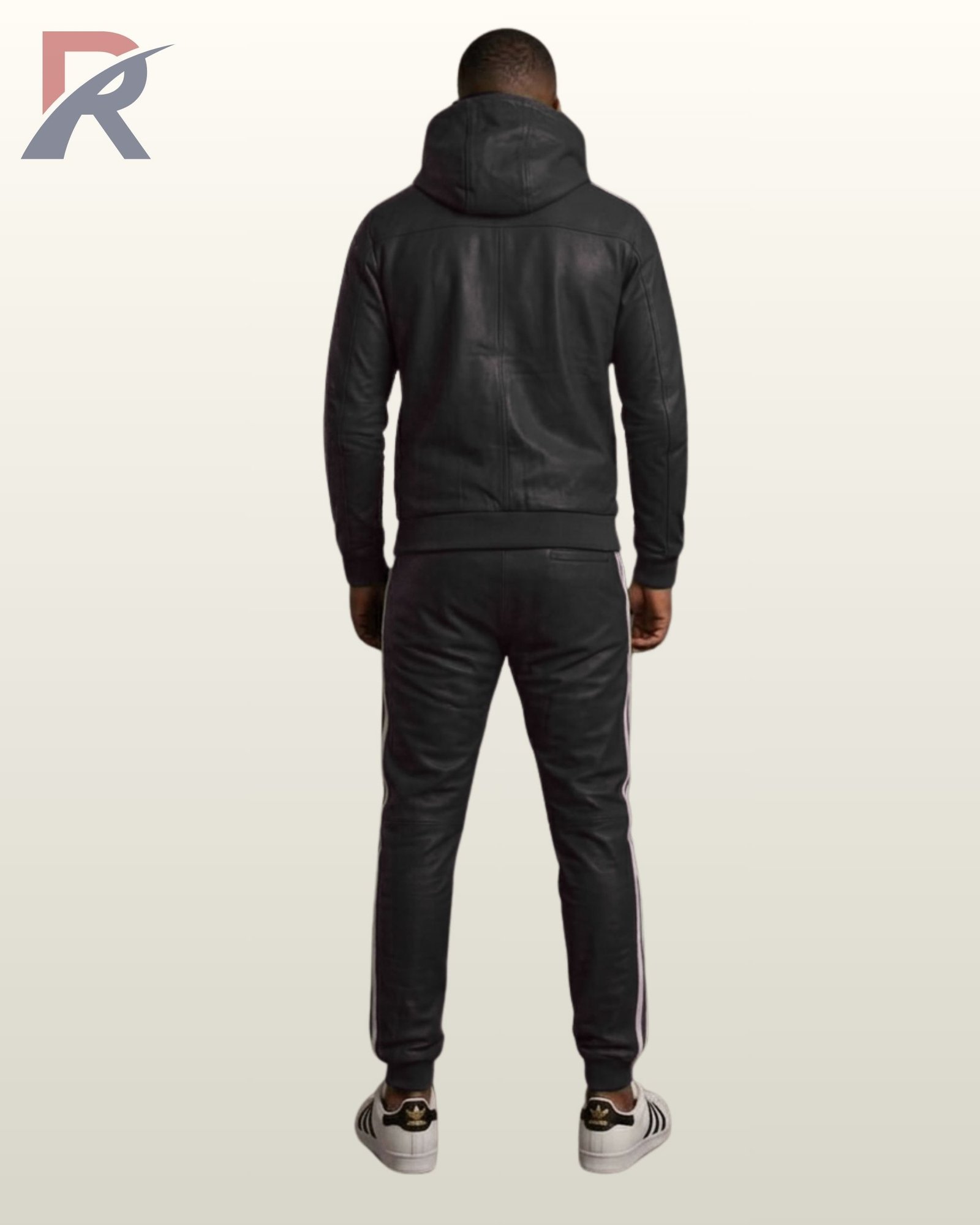A full profile view of a black leather hoodie and sweatpants activewear set.