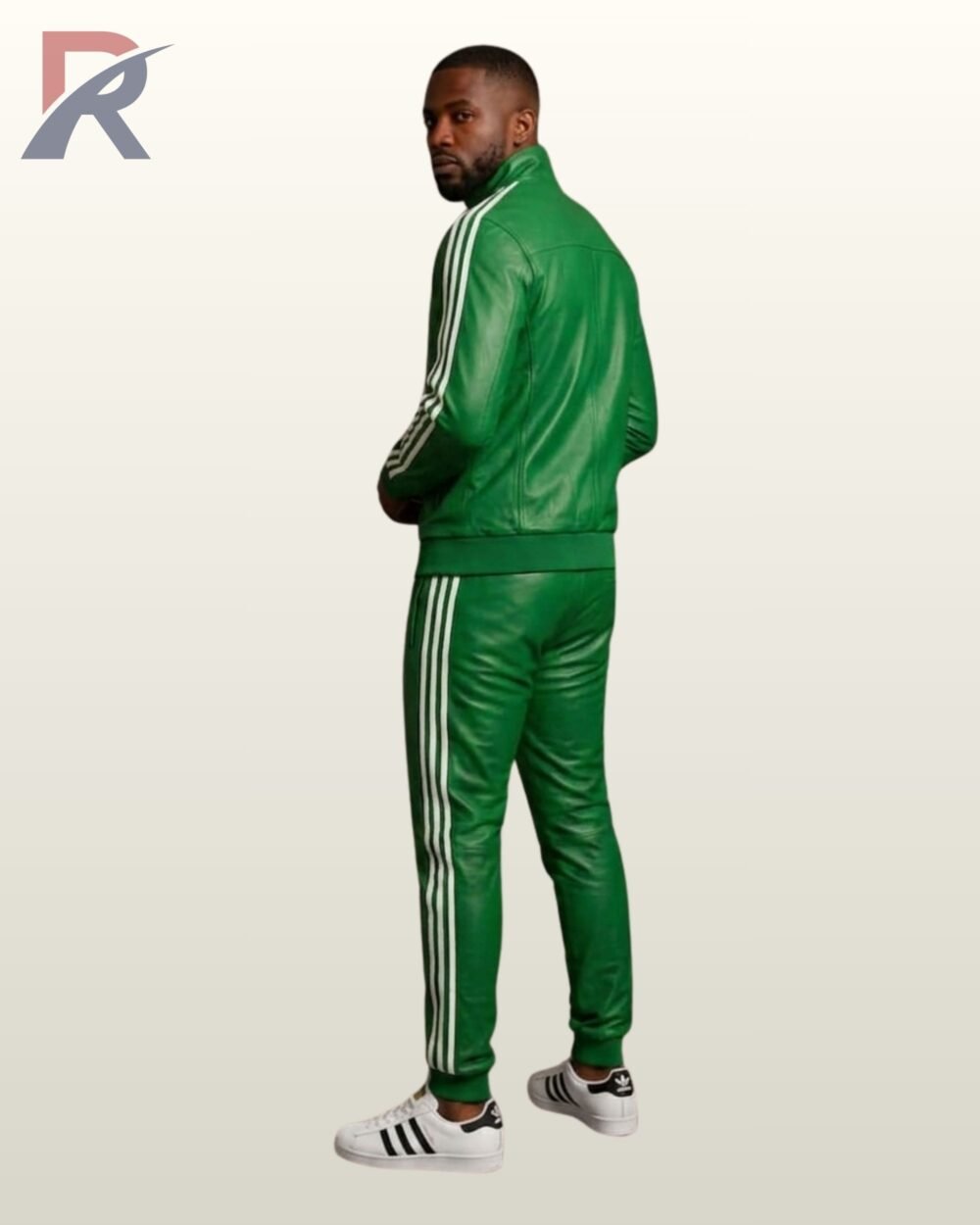 A bright emerald green leather high-neck jacket and matching sport trousers.