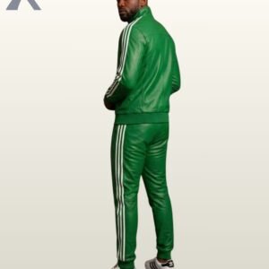 A bright emerald green leather high-neck jacket and matching sport trousers.