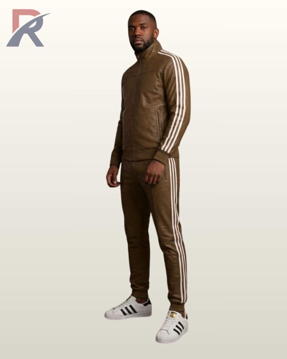 A man modeling an olive brown leather high-neck tracksuit with colored stripes.