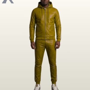 An urban moss green leather track suit ensemble for men.