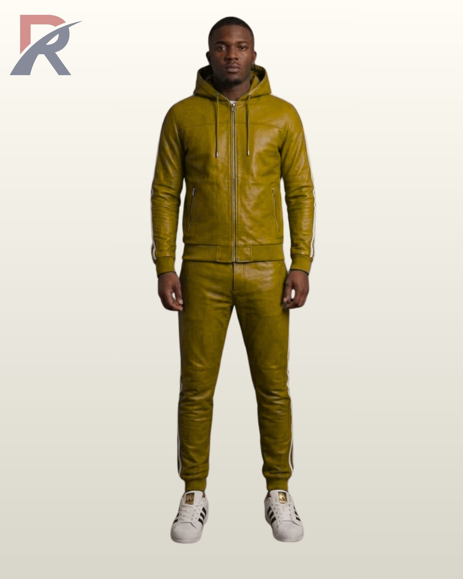 An urban moss green leather track suit ensemble for men.