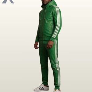 A full-body view of a vibrant green leather hooded tracksuit set.