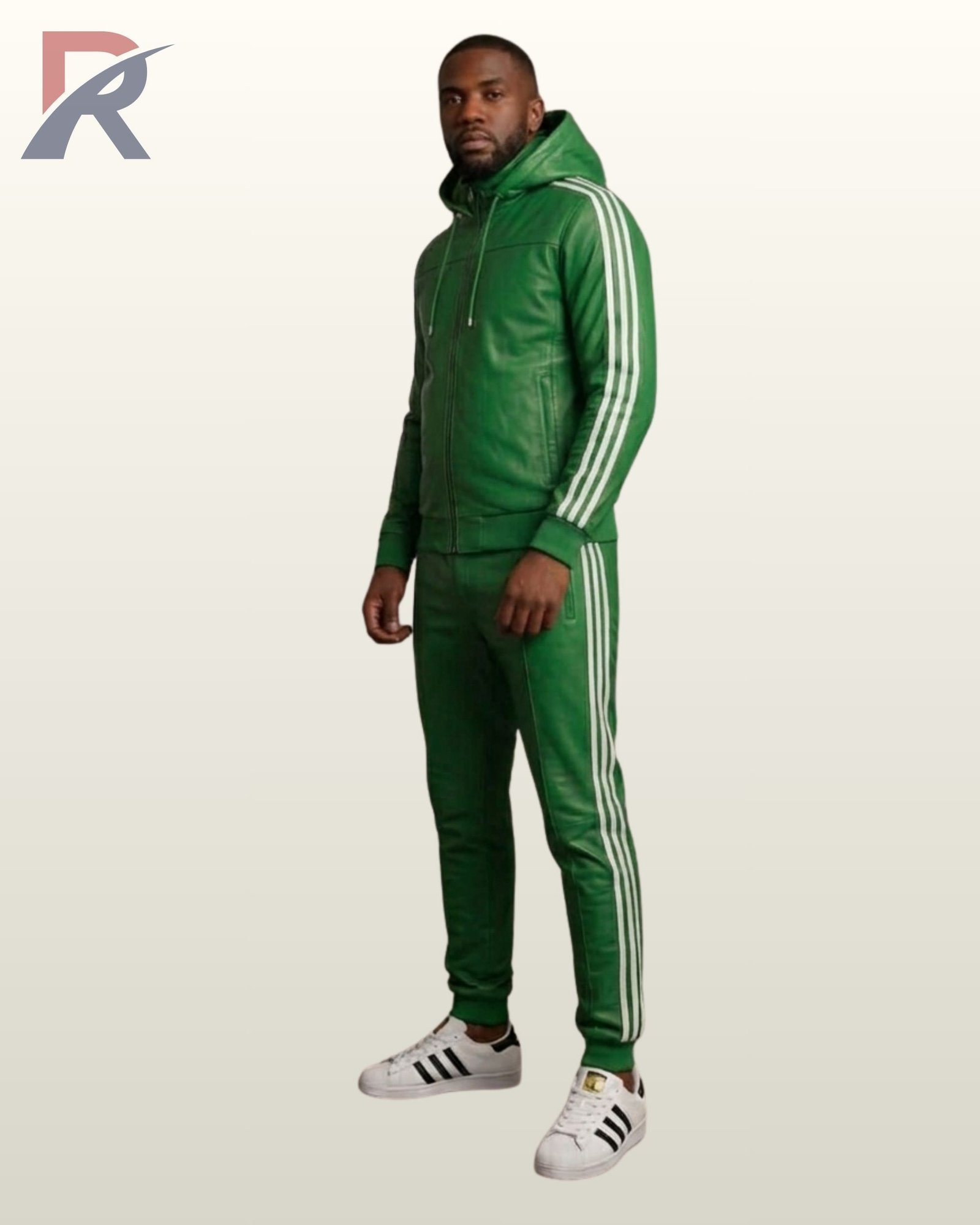 A full-body view of a vibrant green leather hooded tracksuit set.