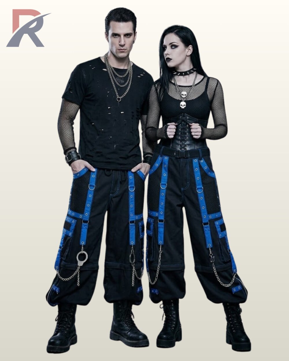 Couple posing in baggy black gothic cargo pants accented with electric blue eyelet straps and chains.