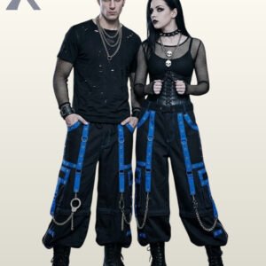 Couple posing in baggy black gothic cargo pants accented with electric blue eyelet straps and chains.