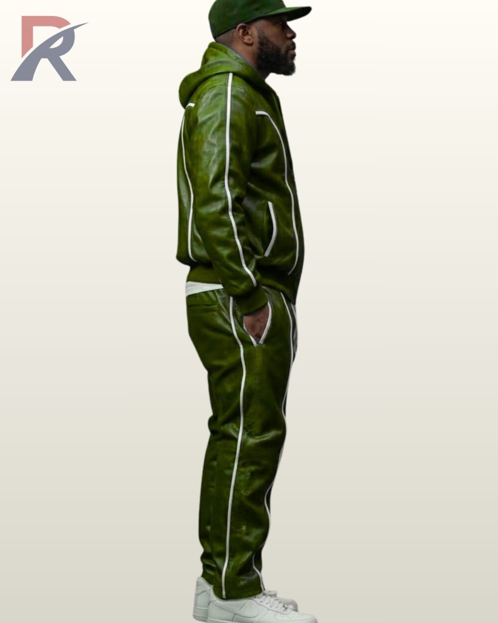 Men's emerald green leather hooded jogging suit with white contrast trim on jacket and pants.