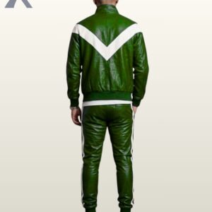 Urban streetwear green leather jacket and pants suit designed for a luxury athletic look.