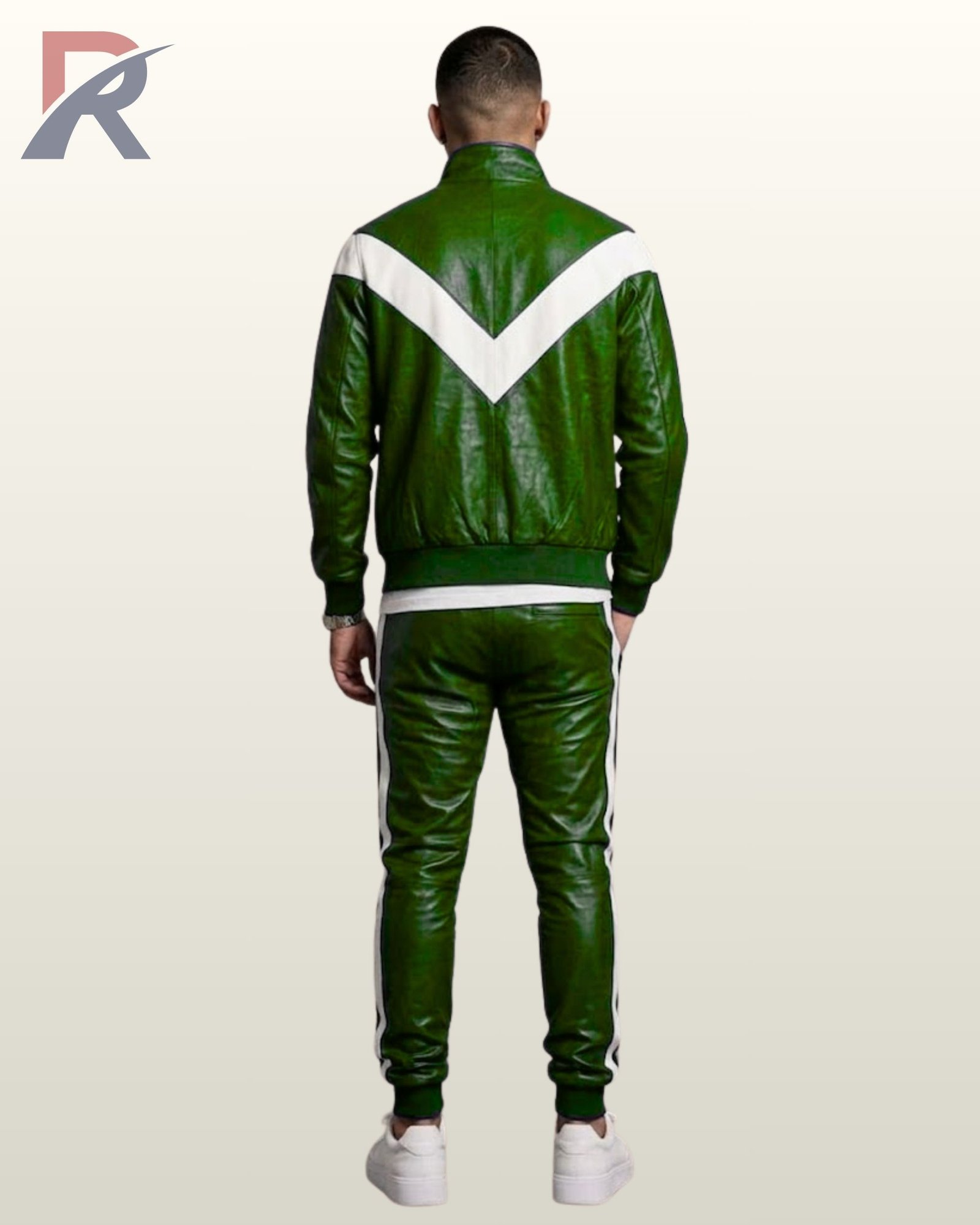 Urban streetwear green leather jacket and pants suit designed for a luxury athletic look.