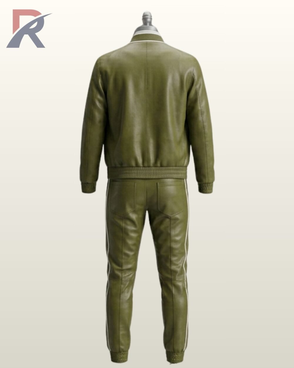 Olive green leather jogging suit featuring white trim along the collar, pockets, and trouser legs.