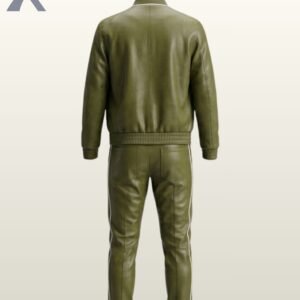 Olive green leather jogging suit featuring white trim along the collar, pockets, and trouser legs.