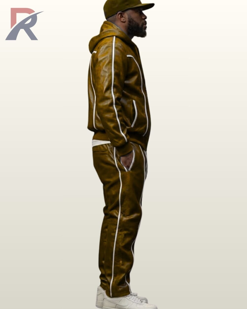 Men's olive green leather jogging suit with white accent piping on the hoodie and pants.