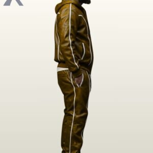 Men's olive green leather jogging suit with white accent piping on the hoodie and pants.