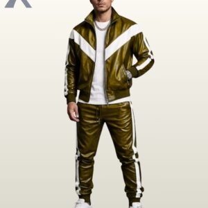 Olive khaki green leather 2-piece tracksuit set featuring white V-panel jacket and matching trousers.