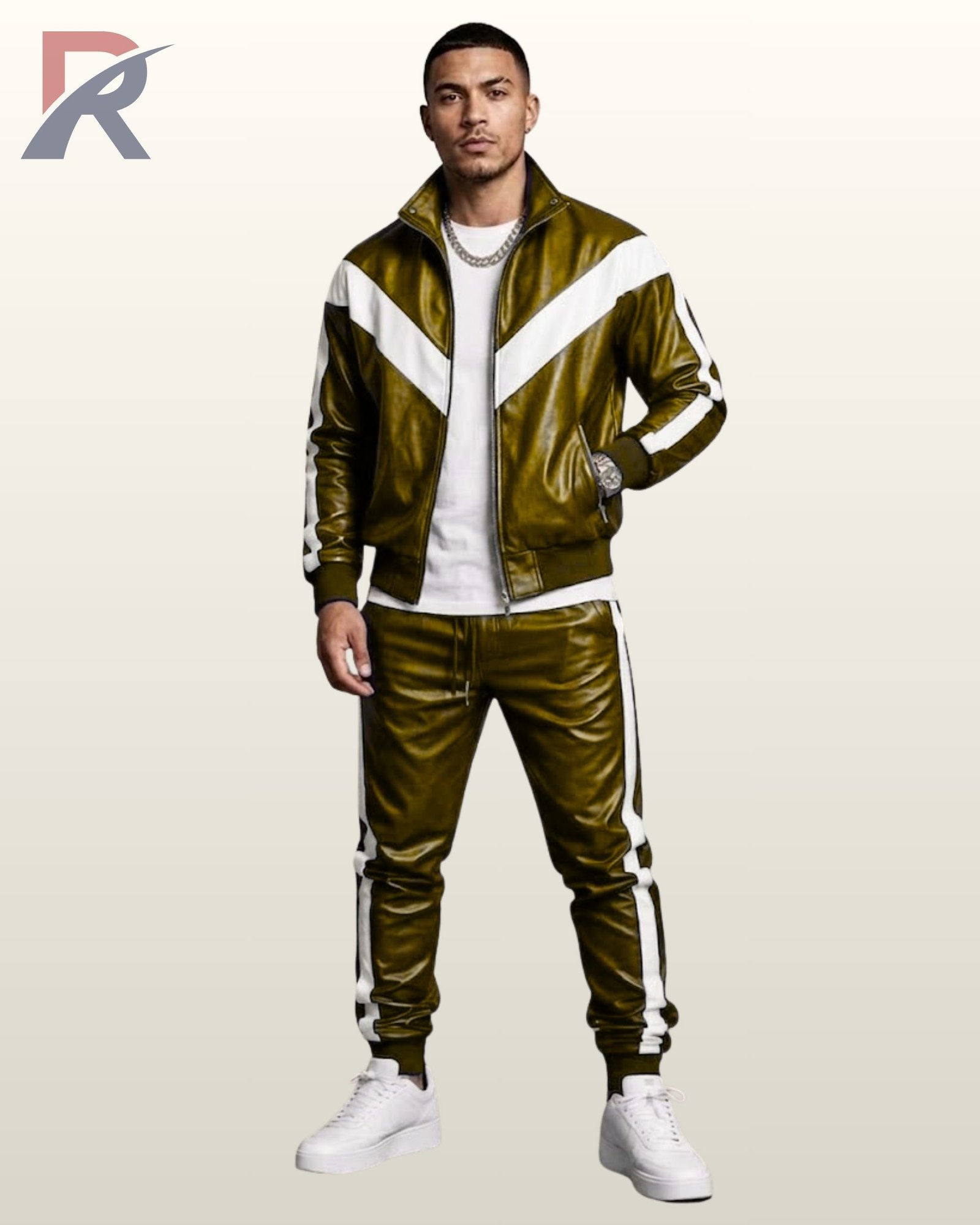 Olive khaki green leather 2-piece tracksuit set featuring white V-panel jacket and matching trousers.