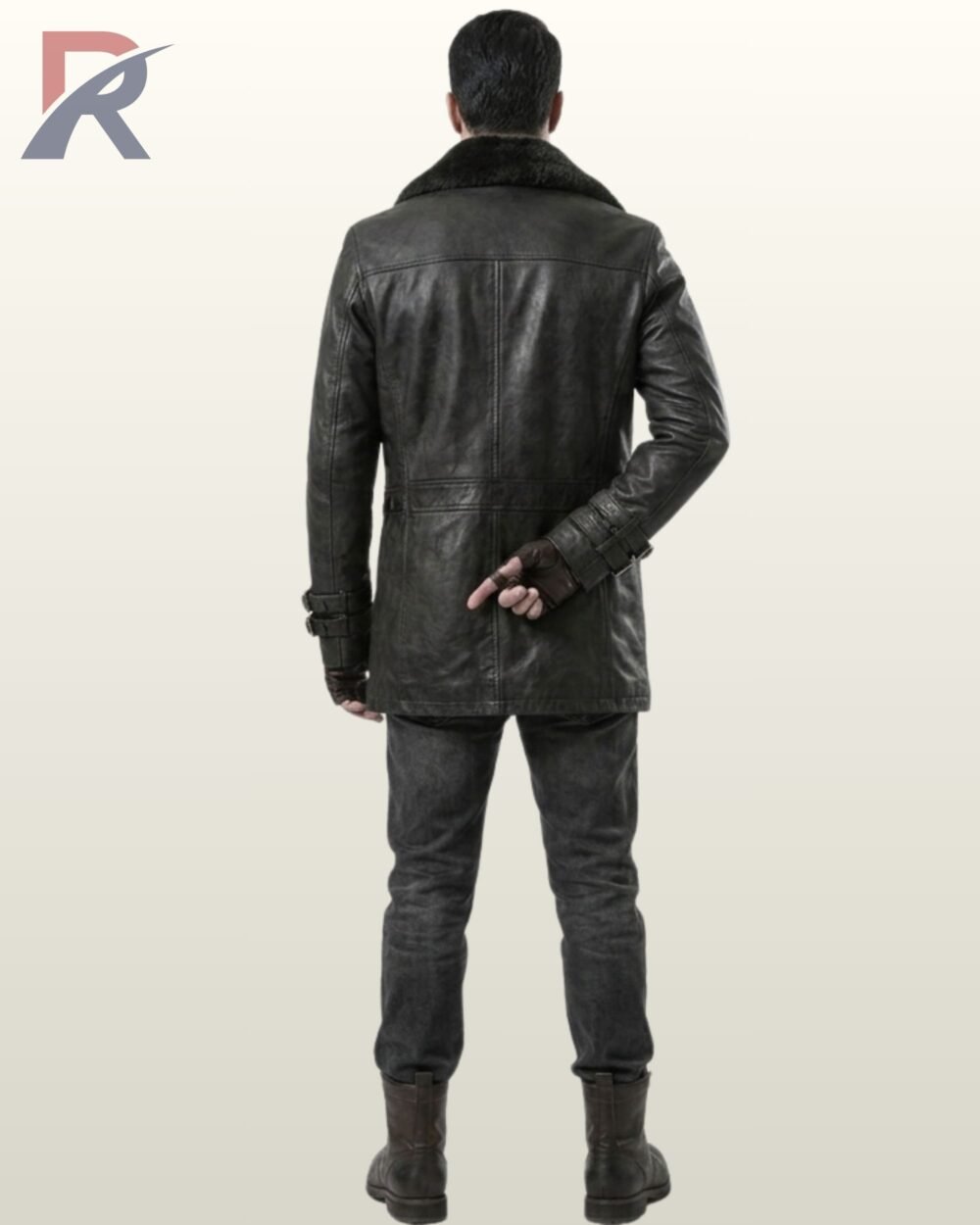A designer black leather military style pea coat for men with textured finish and wide lapels.