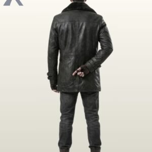 A designer black leather military style pea coat for men with textured finish and wide lapels.
