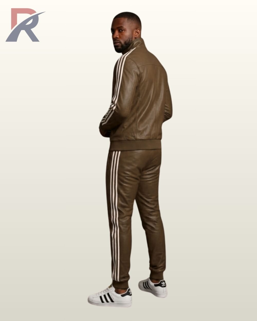 A luxury earth-tone brown leather tracksuit set tailored for streetwear fashion.
