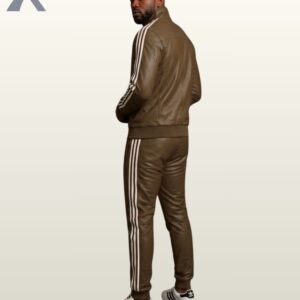 A luxury earth-tone brown leather tracksuit set tailored for streetwear fashion.
