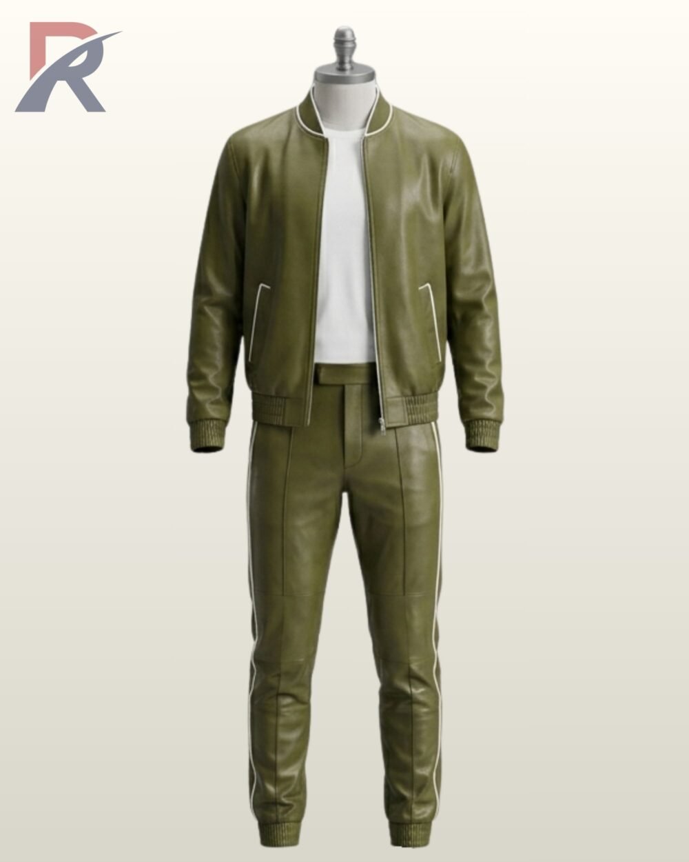 Men's olive green leather 2-piece tracksuit set with a zip-up bomber jacket and piped trousers.