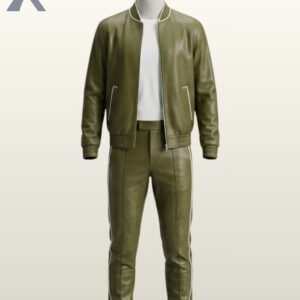Men's olive green leather 2-piece tracksuit set with a zip-up bomber jacket and piped trousers.