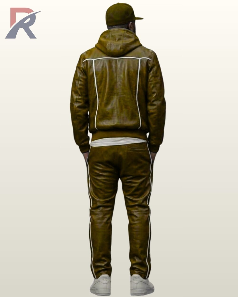 Slim fit olive green leather two-piece streetwear suit with attached hood and drawstring waist.
