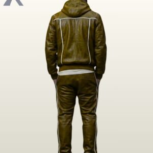 Slim fit olive green leather two-piece streetwear suit with attached hood and drawstring waist.
