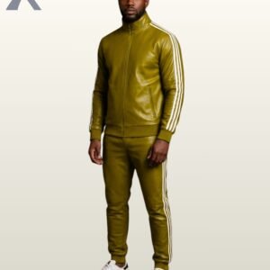 An urban moss green leather fitted casual sports suit for men.