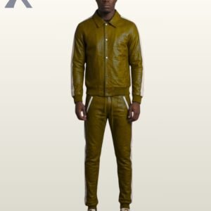 A luxury olive green leather jogging suit featuring white athletic accents.